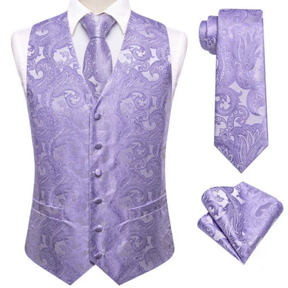 Men's Double Breasted Paisley Jacquard Waistcoat Set with Necktie & Pocket Square for Weddings and Tuxedo