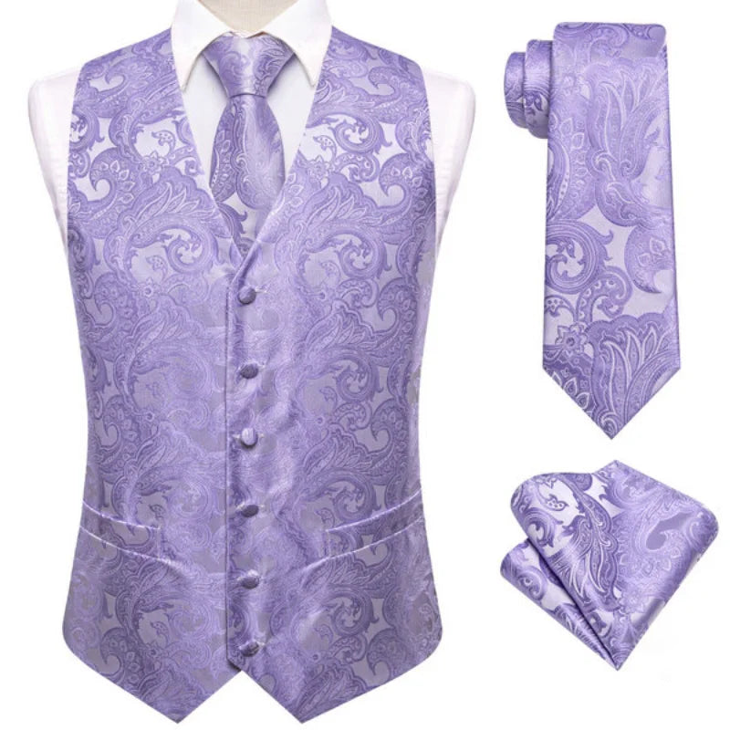 Men's Double Breasted Paisley Jacquard Waistcoat Set with Necktie & Pocket Square for Weddings and Tuxedo