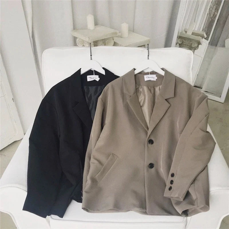 Men Spring Autumn Casual Blazer Set INS Korean Style Trendy Hong Kong Vibe Handsome Suit Jacket Outerwear