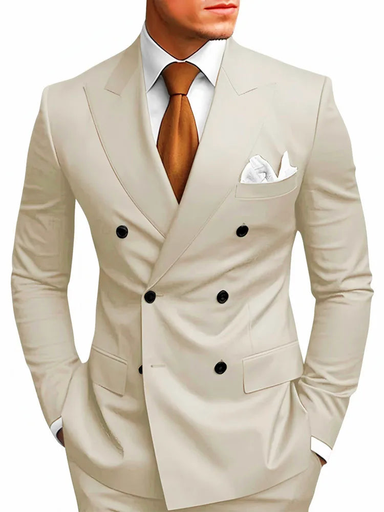 High Quality Brown Men Suits Double Breasted Bespoke Wedding Suit Peaked Lapel Formal Blazer Slim Fit  Groom Dress