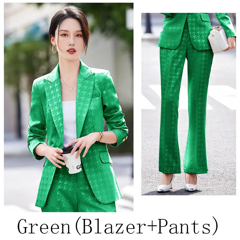 Fashion Ladies Formal Pant Suit Women Houndstooth Single Button Jacket And Trouser Female Business Work Wear 2 Piece Blazer Set