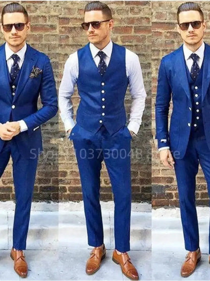 Royal Blue Men's Slim Fit Formal Business Suit Wedding 3-Piece Set with Notch Lapel Blazer Vest And Trousers for Party Prom