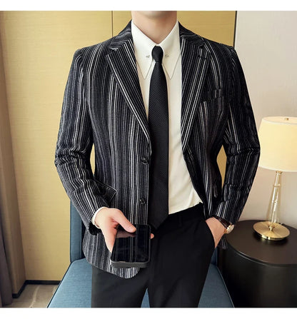 High Quality Plush Striped Fashion casual Suit Jacket Autumn Winter New Men Slim Fit Business Formal Social Prom Party Tuxedos