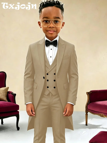 New Boys Long Jacket Vest Pants 3 Pieces Suits Piano Performance Wear Classy Peak Lapel Kid Slim Fit Suit Set For Wedding