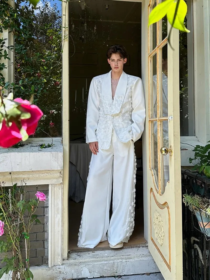 Mens Spliced Flowers Suit Jacket Wide Leg Pants Two Piece Set Loose Fit Spring Summer Designer Elegant Fashion Banquet Suits Set