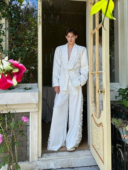 Mens Spliced Flowers Suit Jacket Wide Leg Pants Two Piece Set Loose Fit Spring Summer Designer Elegant Fashion Banquet Suits Set