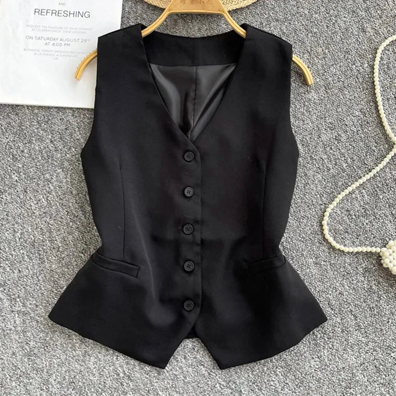 Summer Women V-neck Suit Sleeveless Jacket Femme Casual Short Waistcoat Top Korean Ladies Fashion Solid Color Cardigan Vest Coat