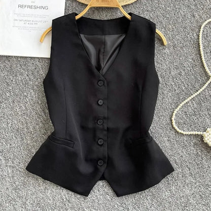 Summer Women V-neck Suit Sleeveless Jacket Femme Casual Short Waistcoat Top Korean Ladies Fashion Solid Color Cardigan Vest Coat