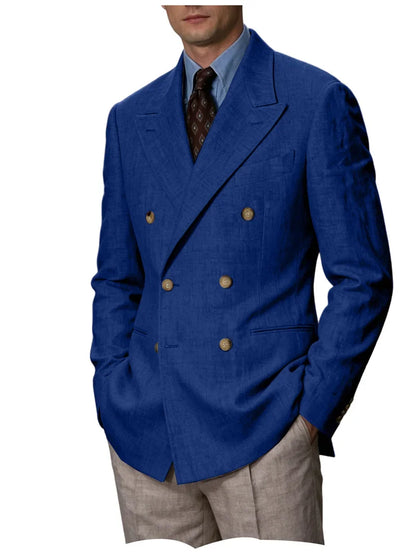 Men Linen Blazer Double Breasted Jacket Lightweight Soft Slim Coat For Business Wedding Casual Daily Party Vacation Dating