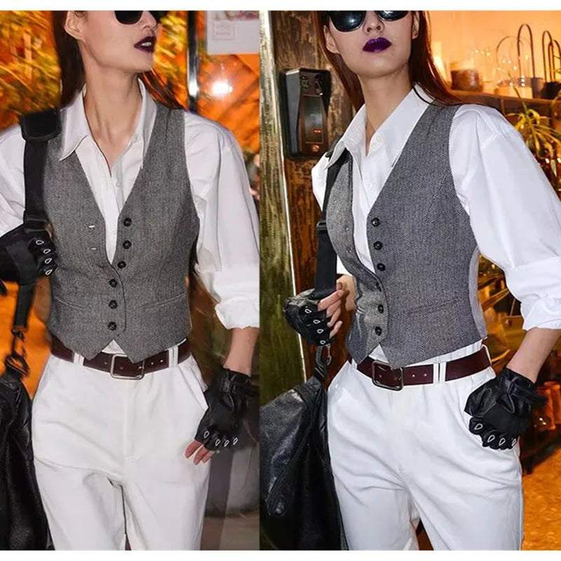 Korean Ladies Fashion Solid Color Vest Coat Summer Women V-neck Suit Sleeveless Outwear Spring Female Cardigan Waistcoat Jacket