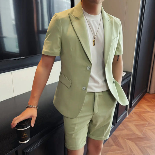 (Jacket+Shorts) Summer Fashion Short Sleeve Suit Jacket Match Short Pant Slim Fit Solid 2-Piece Men Casual Office Party Tuxedo