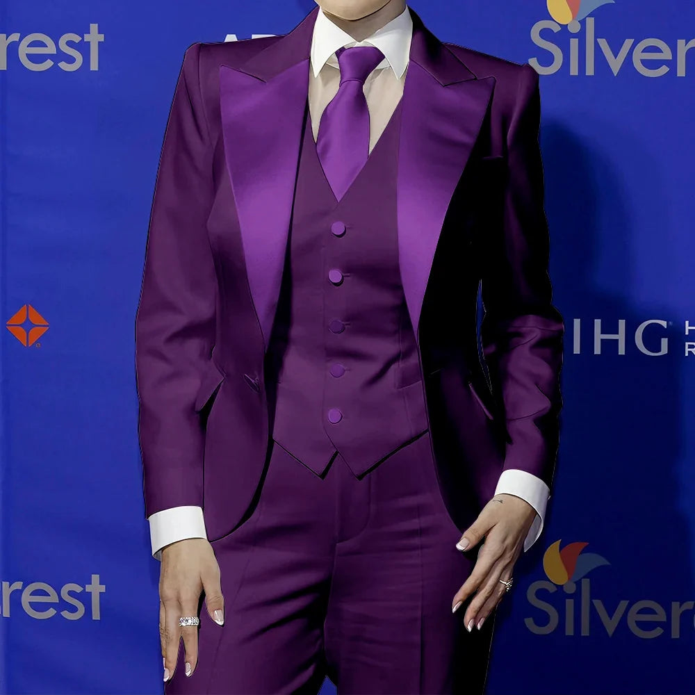 Elegant Women's White Clothes with Satin Lapel Three-Piece Suit Blazer+Vest+Pants Formal Sharp Tailored Set for Evening Party