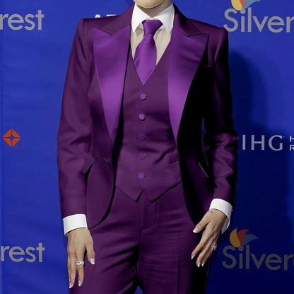 Elegant Women's White Clothes with Satin Lapel Three-Piece Suit Blazer+Vest+Pants Formal Sharp Tailored Set for Evening Party