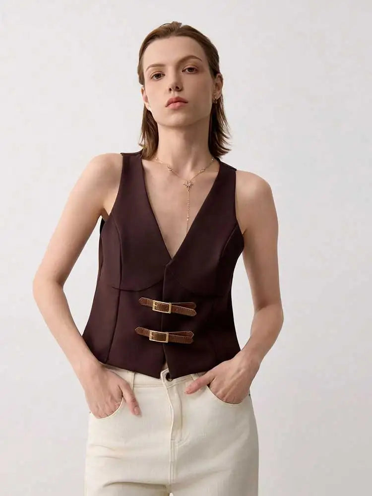 Women's V Neck Solid Color Vest Top with Belted,Sleeveless Waistcoat for Summer