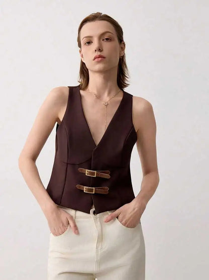 Women's V Neck Solid Color Vest Top with Belted,Sleeveless Waistcoat for Summer