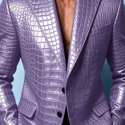 Luxury Men's Crocodile Pattern PU Leather Blazer Notch Lapel Single-Breasted 2 Button Slim Fit Jacket Business Casual for Man