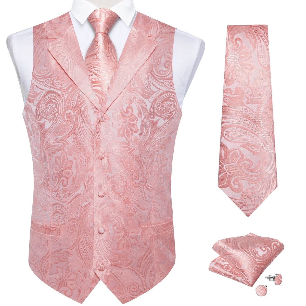 Men's Paisley Suit Vest – Single-Breasted Waistcoat with Tie, Handkerchief & Cufflinks for Weddings & Banquets