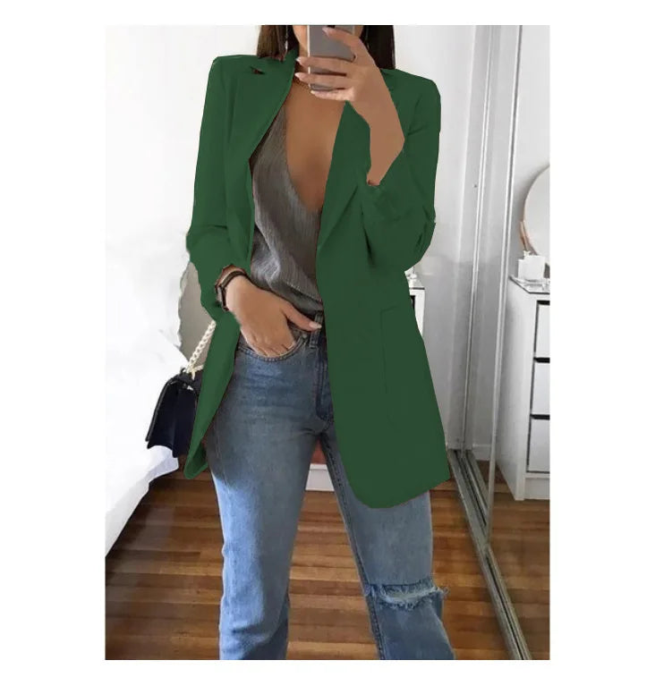 Women's Casual Blazer Notched Lapel Long Sleeve Open Jacket with Pockets Slim Fit Spring Autumn Office Lady Streetwear Coat