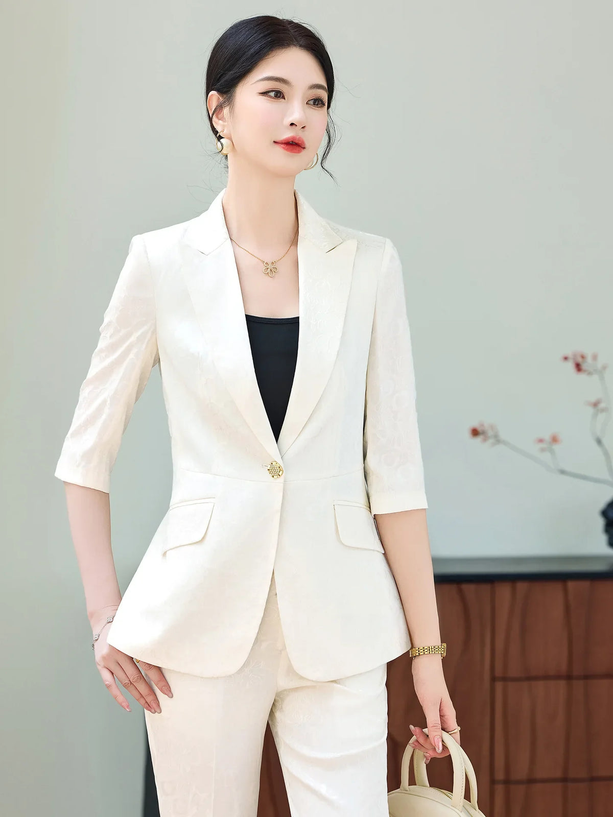 Fashion Purple Half Sleeve Professional Suit Women New Summer Elegant Formal Slim Blazer And Pants Office Ladies Work Wear