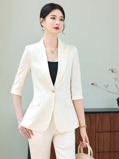 Fashion Purple Half Sleeve Professional Suit Women New Summer Elegant Formal Slim Blazer And Pants Office Ladies Work Wear