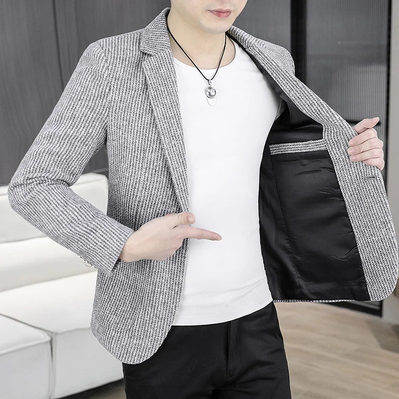 2025 Autumn Men's Casual Suit Jacket Fashion Slim Fit Striped Blazers Streetwear Social Business Versatile Formal Dress Coats