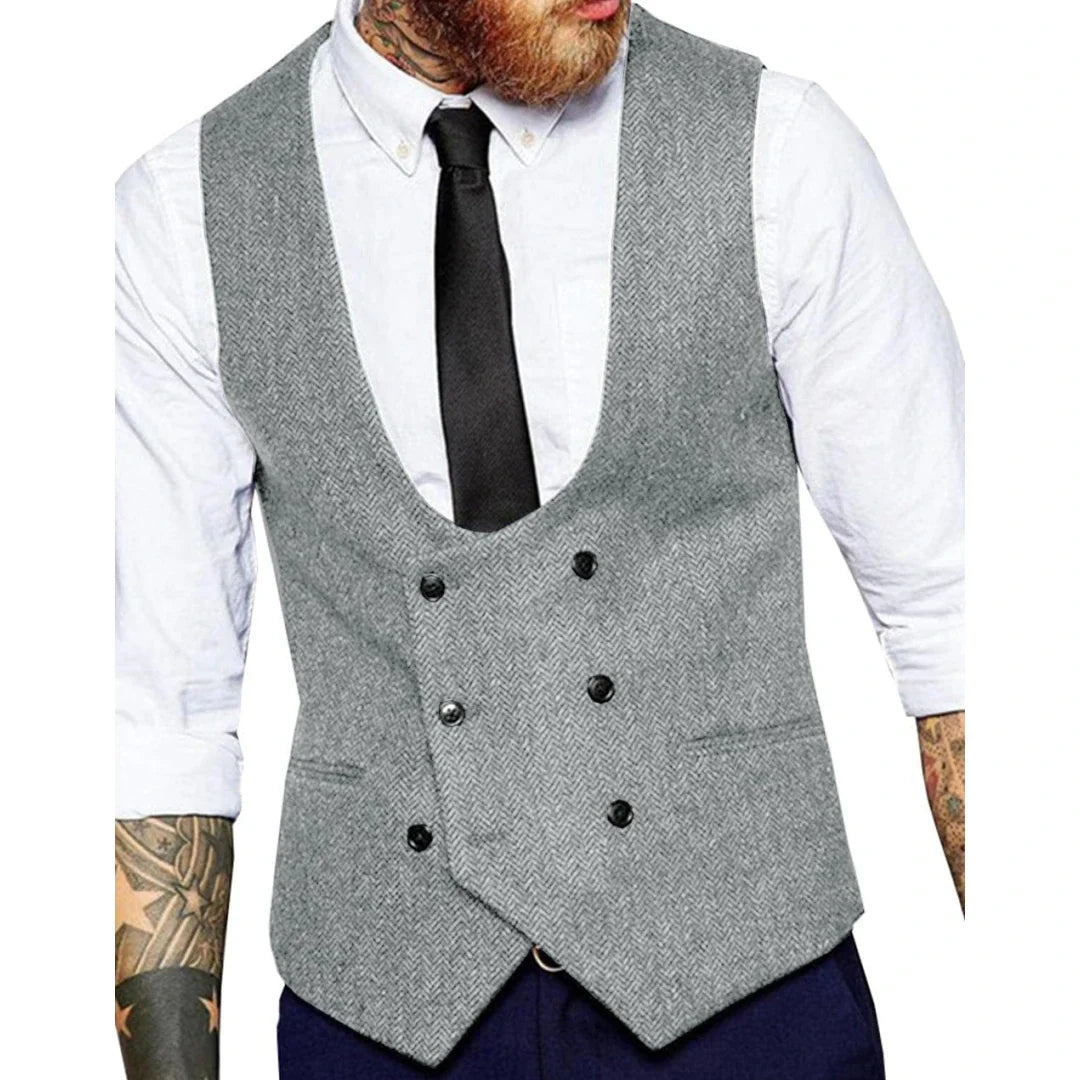 Men's Vest Herringbone Double Button Waistcoat for Weddings & Formal Occasions – Army Green