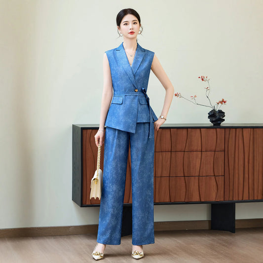 Comfortable 2026 Spring Suit Women's 2 Piece Suit Set Sleeveless Blazer Vest Wide Leg Pants Outfit Casual Office Workwear Dressy