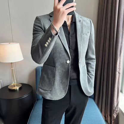 British Style Autumn Suede Business Casual Suit Jacket for Men High Quality Social Office Blazers Wedding Groom Dress Coats