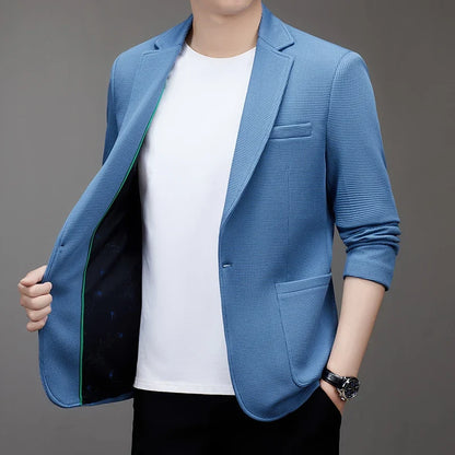 New men's suit jacket with non-stretch flat collar, waffle pattern, for business casual and fitted formal wear.