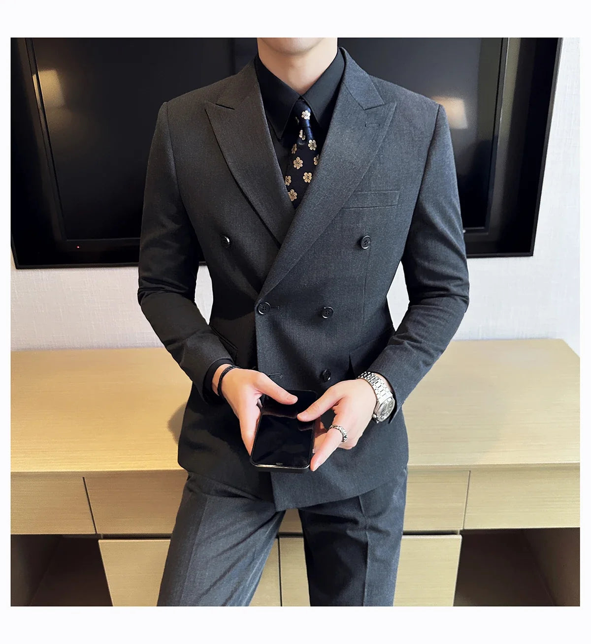 Men's Double Breasted Suit Set – Slim Fit Blazer, Vest & Pants for Wedding & Business