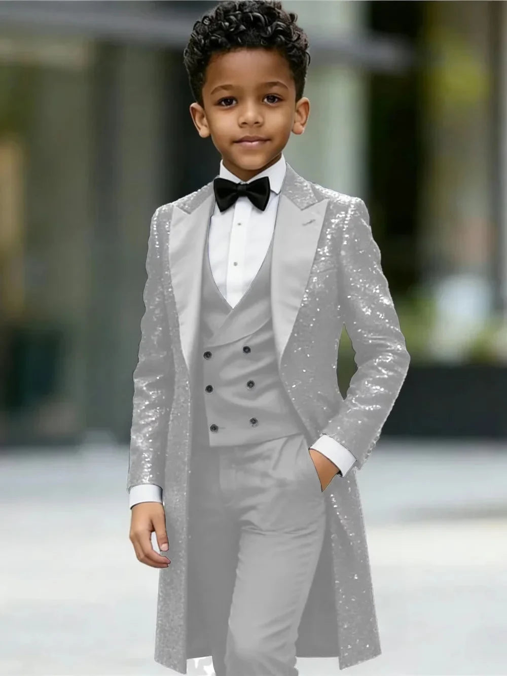New Boys Sequined Long Jacket Suit Set 3 Pieces Formal Party Wear Handsome Chic Peak Lapel Kids Tuxedo For Birthday 2-20T