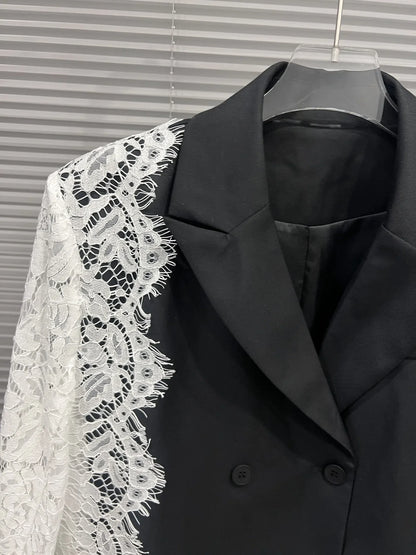 Women Chic Blazer Lace Patchwork Color Block Notched Collar Double Breasted Elegant Trendy Jacker New Spring Autumn HK20168