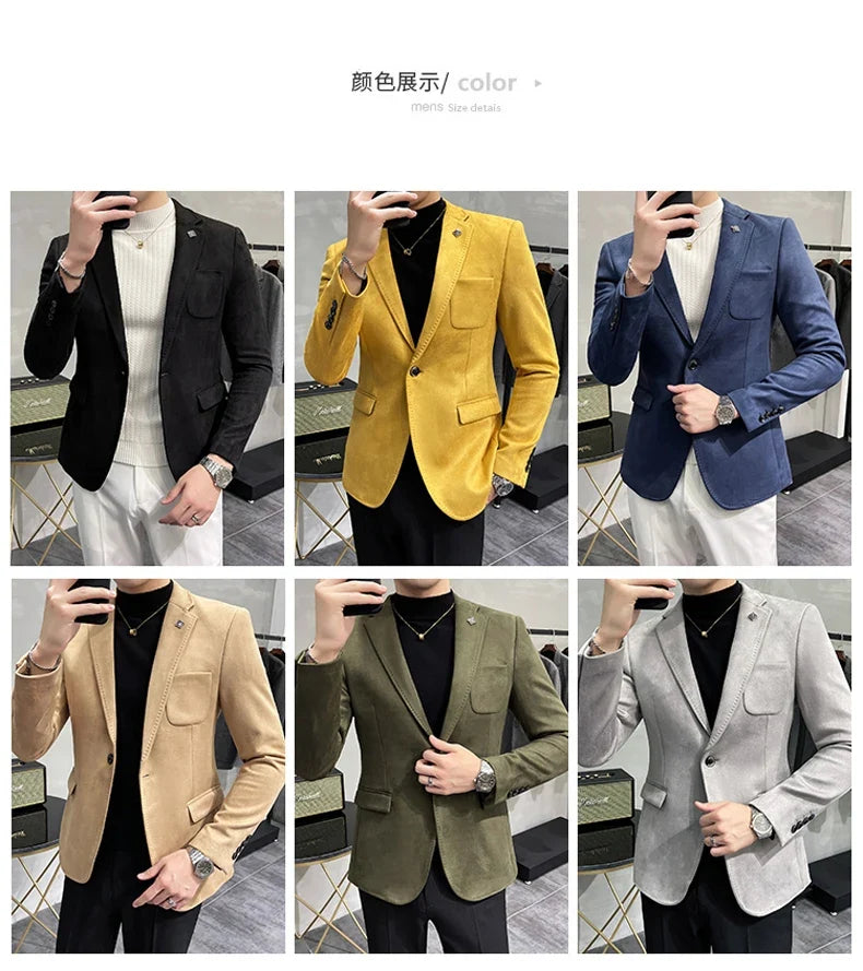 2023 Spring Suede Suit Jacket Men Casual Business Slim Fit Blazer Deerskin Leather Jacket Men Wedding Street Wear Social Coat