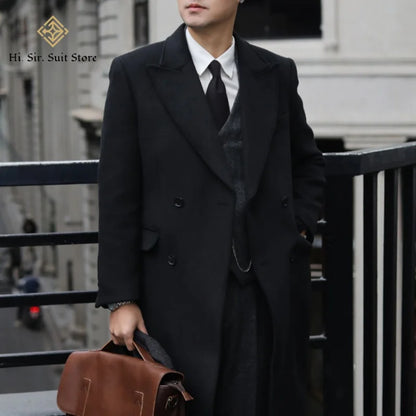 British Vintage Chesterfield Mens Suit Mid-Length Slim-Fit Coat Peaky Blinders Double-Breasted Wool Tweed Notched Lapel Overcoat