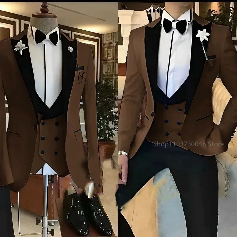 Royal blue Classic Solid Lapel 3-Pieces Men's Suit Slim Fit Elegant Blazer Vest Pant Set For Wedding And Business