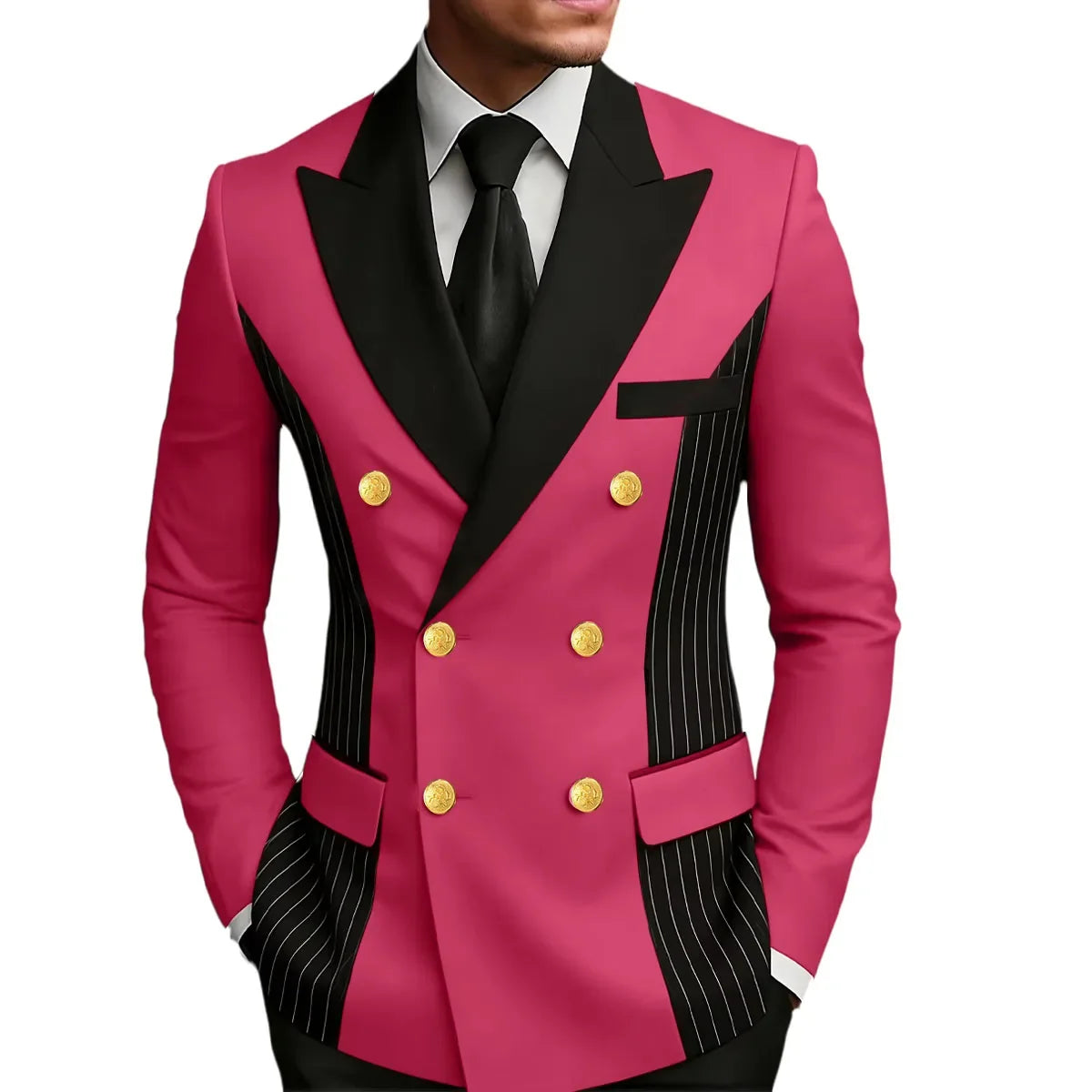 Men's Double Breasted Blazer Striped Patchwork Peak Lapel Slim Fit Formal Wedding Suit Jacket
