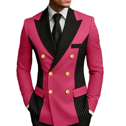 Men's Double Breasted Blazer Striped Patchwork Peak Lapel Slim Fit Formal Wedding Suit Jacket
