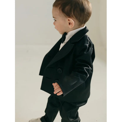Corduroy Boy Suits Fashion Peak Llapel Double Breasted Black Children's Clothing Daily Casual Formal Baby Boy Clothes 2 Piece