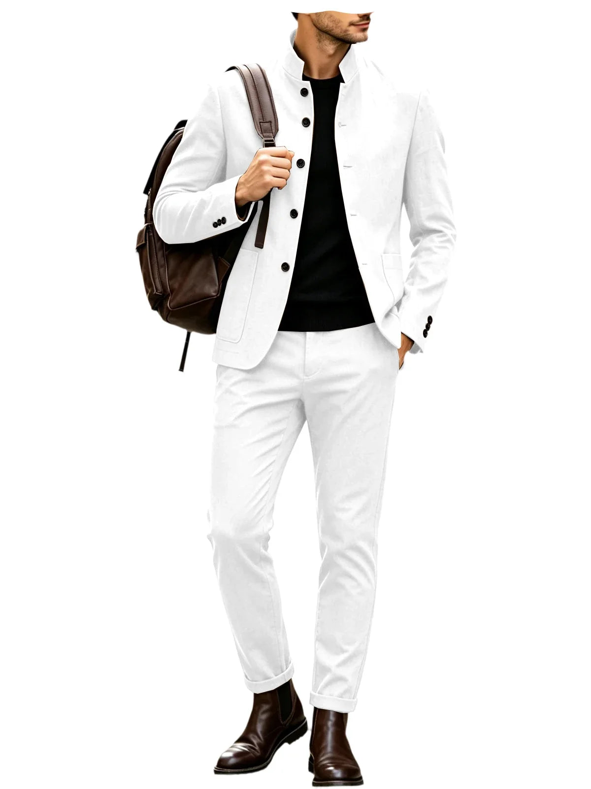Men Stand Collar Linen Blazer Set Slim Fit 2 Pieces Jacket Pants Breathable Wrinkle‑Resistant Vintage Casual Business Outerwear