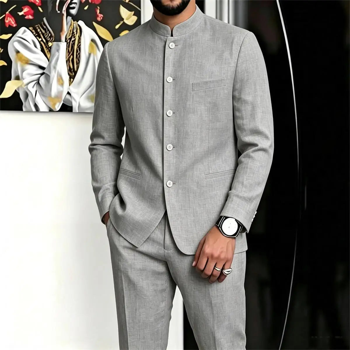 Chinese Suit for Men 2 Piece Suits Slim Fit Chinese Tunic Suits Stand Collar Weddig Prom Suit Blazer Pants Set Outfit