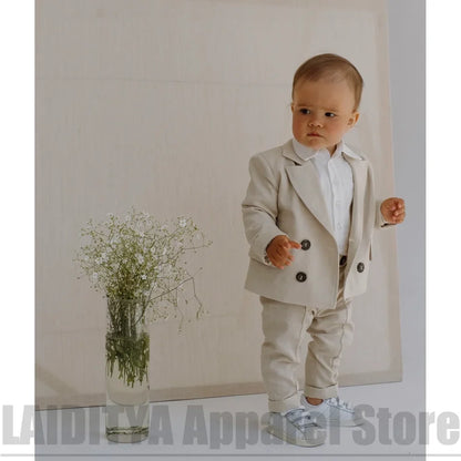 Boys Linen Double Breasted Suit Jacket Pants Baby Formal Outfit Fashion Ring Bearer Wedding Birthday Party Tuxedo 2 Piece