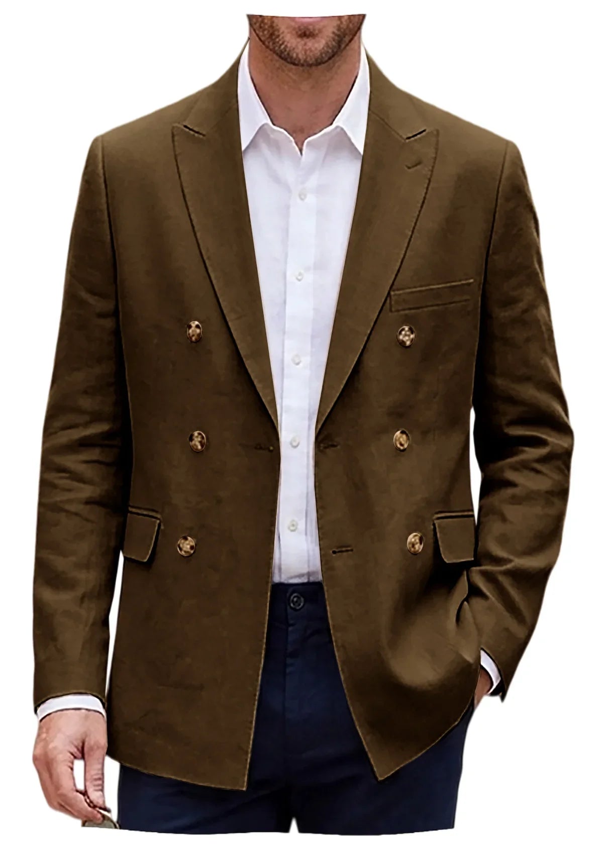 Men's Double Breasted Linen Blazer Slim Fit Suit Jacket Formal Business Casual Coat Wedding Party Spring Summer Streetwear