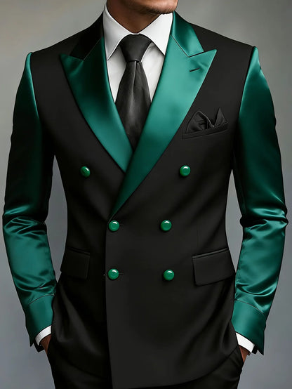 Men Black Double Breasted Blazer Emerald Green Satin Lapel & Sleeves Green Buttons Slim Fit Wedding Groom Stage Formal Tuxedo Ja