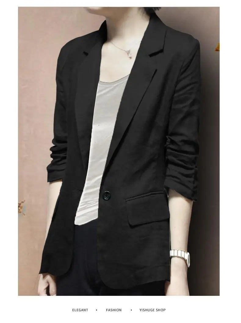 Women's Linen Blazer Casual Slim Fit Single Button Notched Lapel Lightweight Suit Jacket
