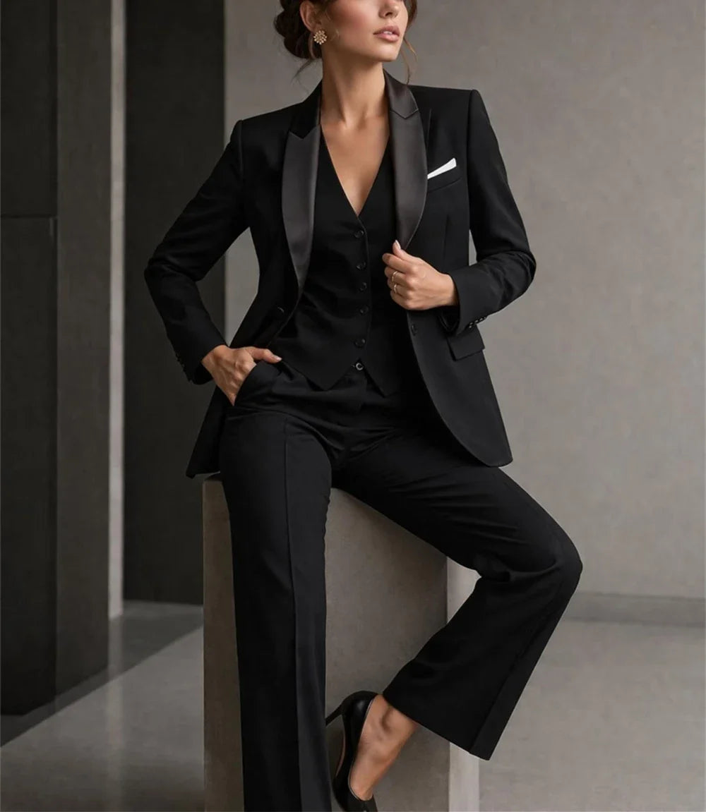 Luxury Women's Black 3-Piece Suit Elegant Suit with Satin Collar Wedding Guest Formal Suit Business Wear (Jacket+Vest+Pants)