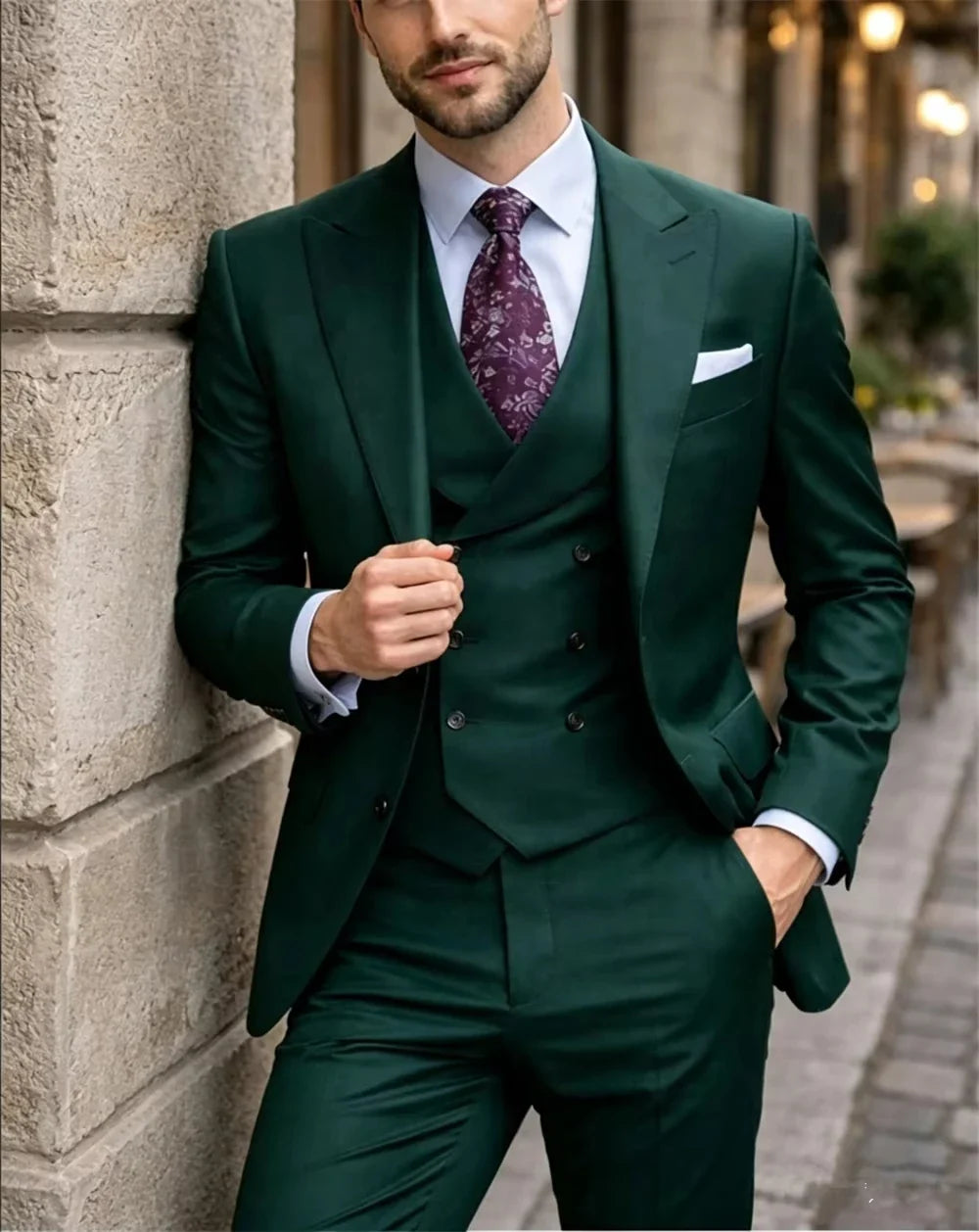 Classic Green Men's 3-Piece Suit Double Breasted Waistcoat Slim Fit Formal Wedding Suit Jacket+Vest+Pant