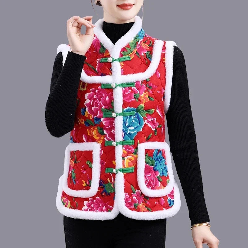 Middle-aged Mother Add Velvet Warm Vest Coat Autumn Winter New Printed Fleece Sleeveless Jacket Grandma Thicken Warm Waistcoat