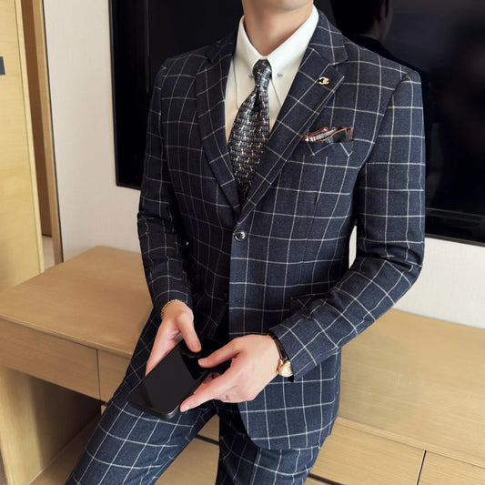 Men's 3-Piece Slim Fit Plaid Suit – Jacket, Vest & Pants for Weddings, Office & Formal Occasions