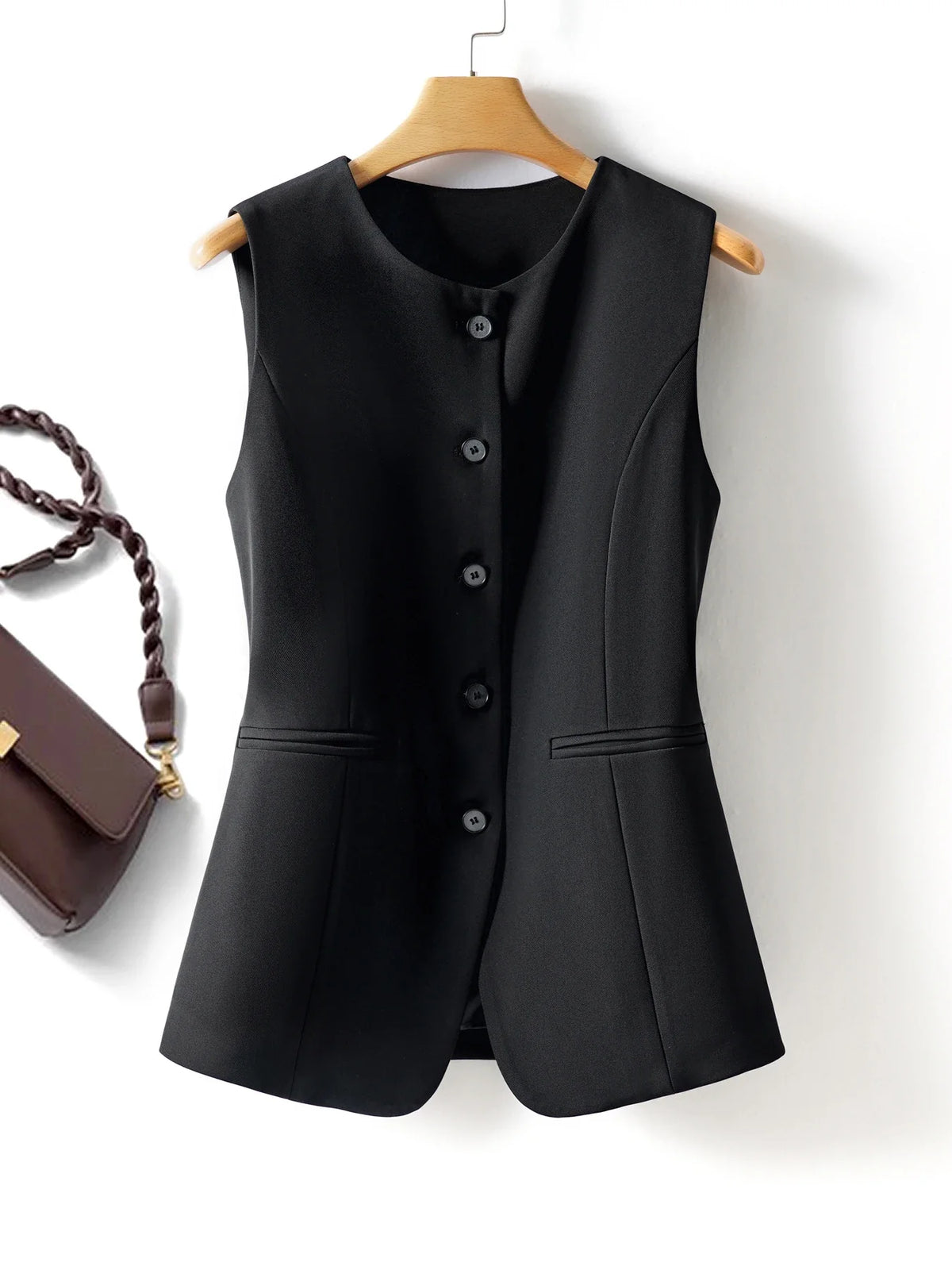 Black Round Neck Single-Breasted Fashion Vest for Women, Spring & Fall Fashionable Slim Sleeveless Suit Vest Top for Outer Wear