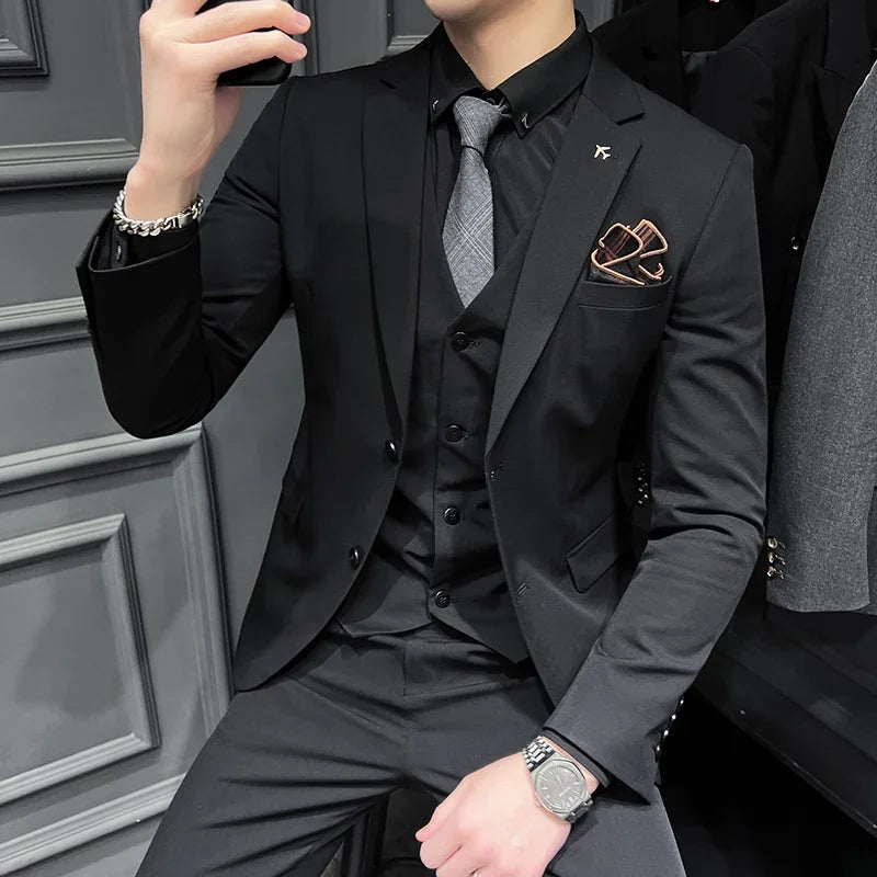 Men's Slim Fit 3-Piece Suit – Solid Color, Smart Casual & Wedding